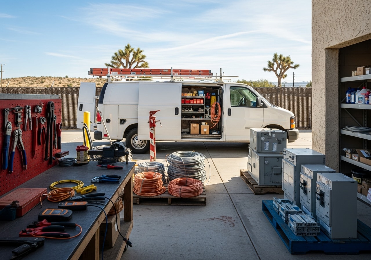 Professional electrician team with tools and equipment ready for residential and commercial electrical installations.