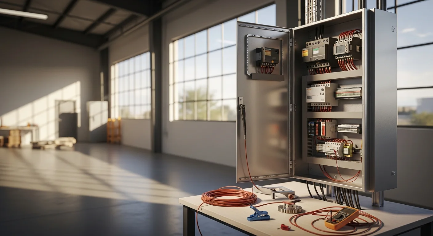 Industrial electrical control panel with circuit breakers, terminal blocks, and HMI display mounted in metal enclosure