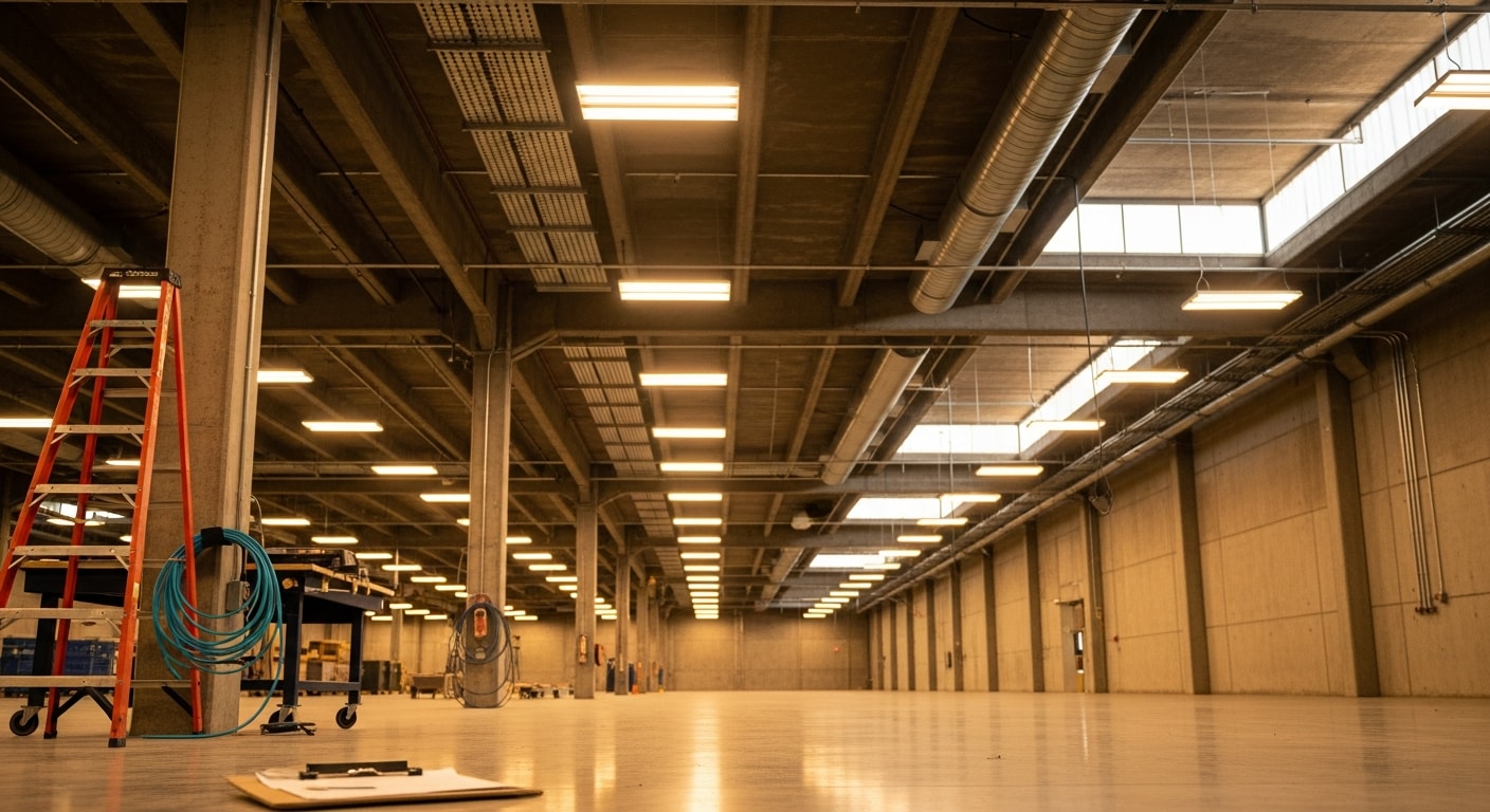 Warehouse and parking lot lighting installation for commercial properties