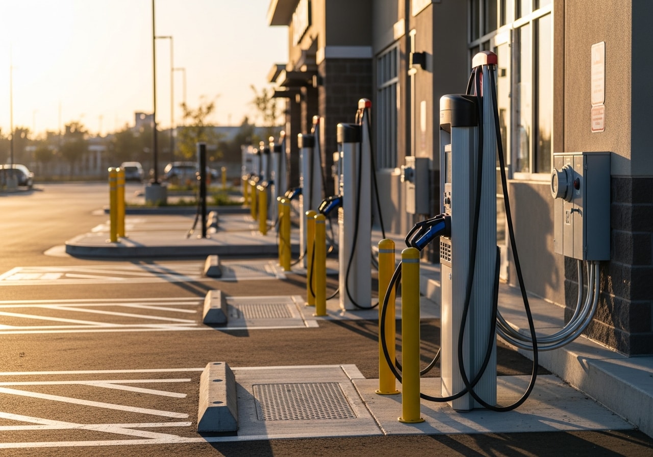 Commercial EV charging station with 10 Level 2 chargers installed in Ontario parking lot