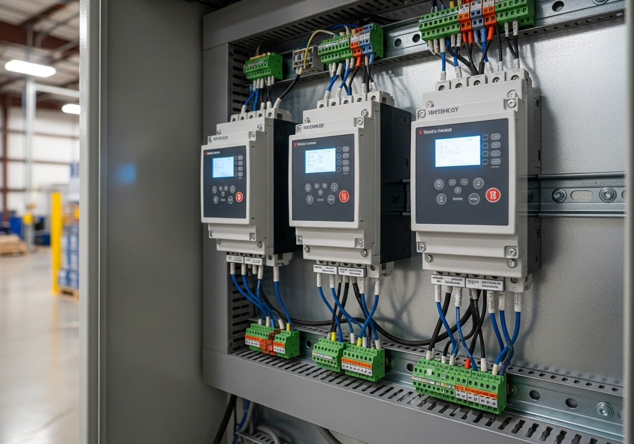 Industrial VFD motor control panel with three 15 HP starters installed