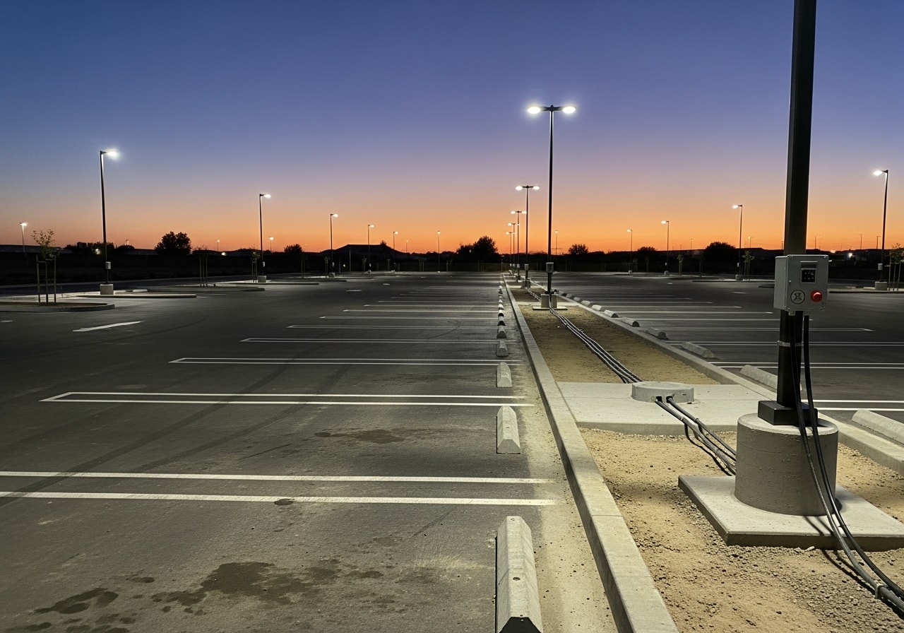 LED parking lot lights installed across large commercial parking area at night
