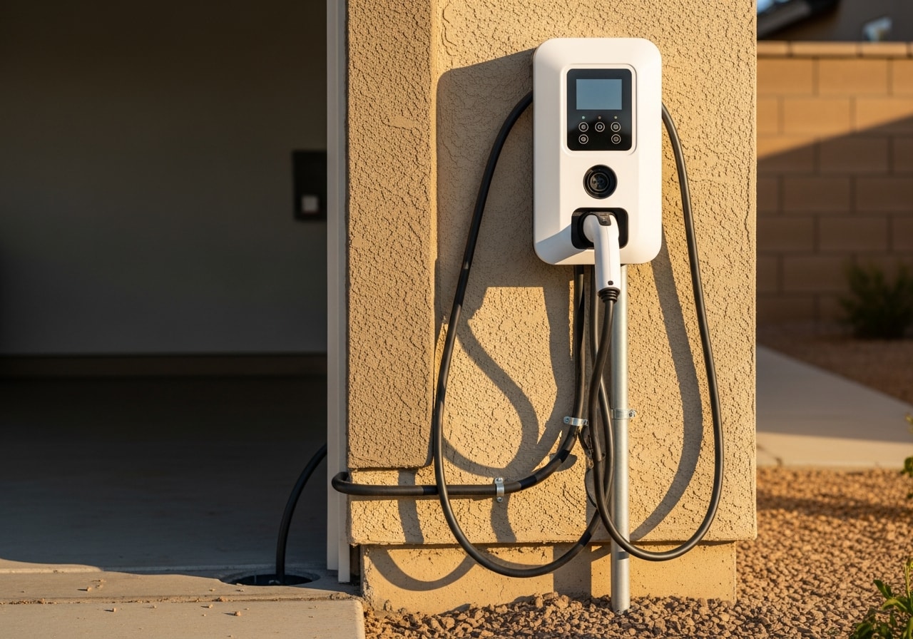 Level 2 EV charger mounted in residential garage with dedicated circuit