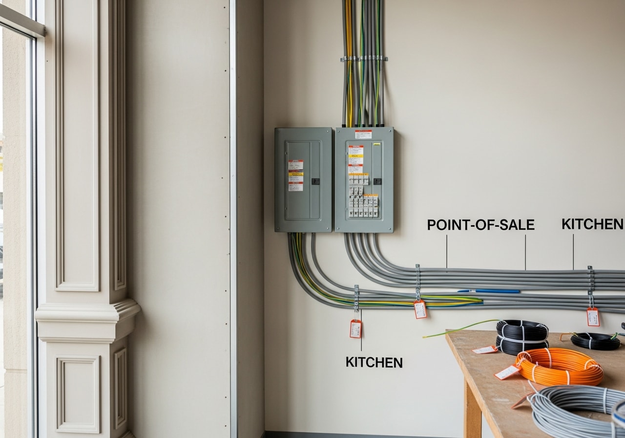 Electrical wiring and outlets installed in new retail tenant space
