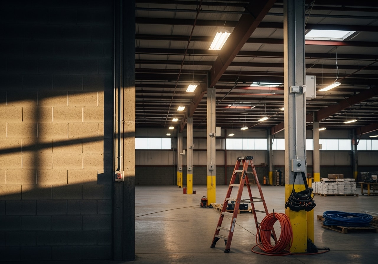 High-bay LED lighting installation in large warehouse space with motion sensors
