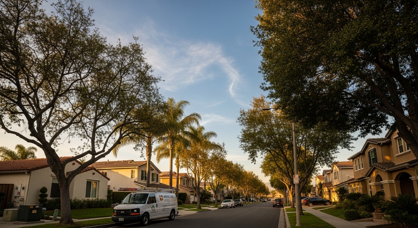 Residential street in Chino with well-maintained homes and mature trees lining the sidewalk.