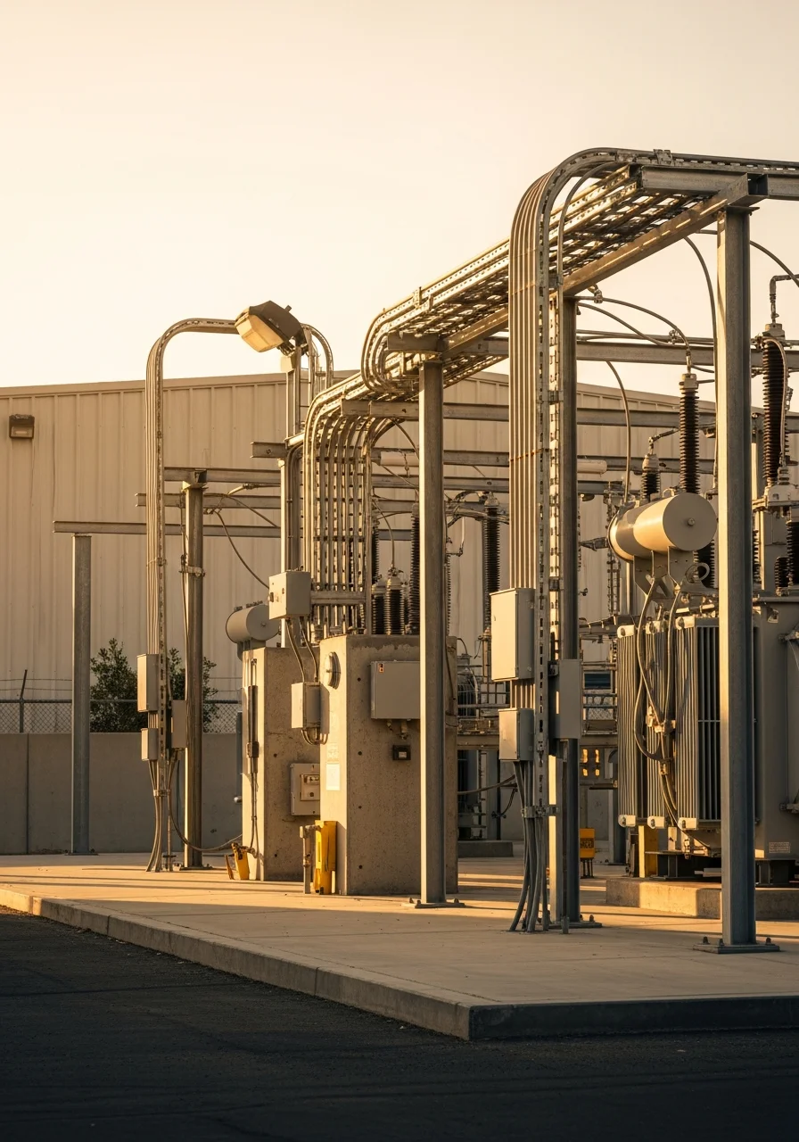 Riverside distribution center and warehouse facility with electrical infrastructure