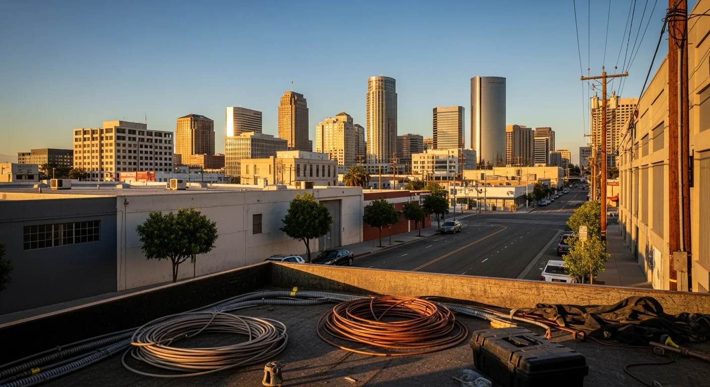 Riverside, California downtown skyline with modern commercial buildings and industrial facilities