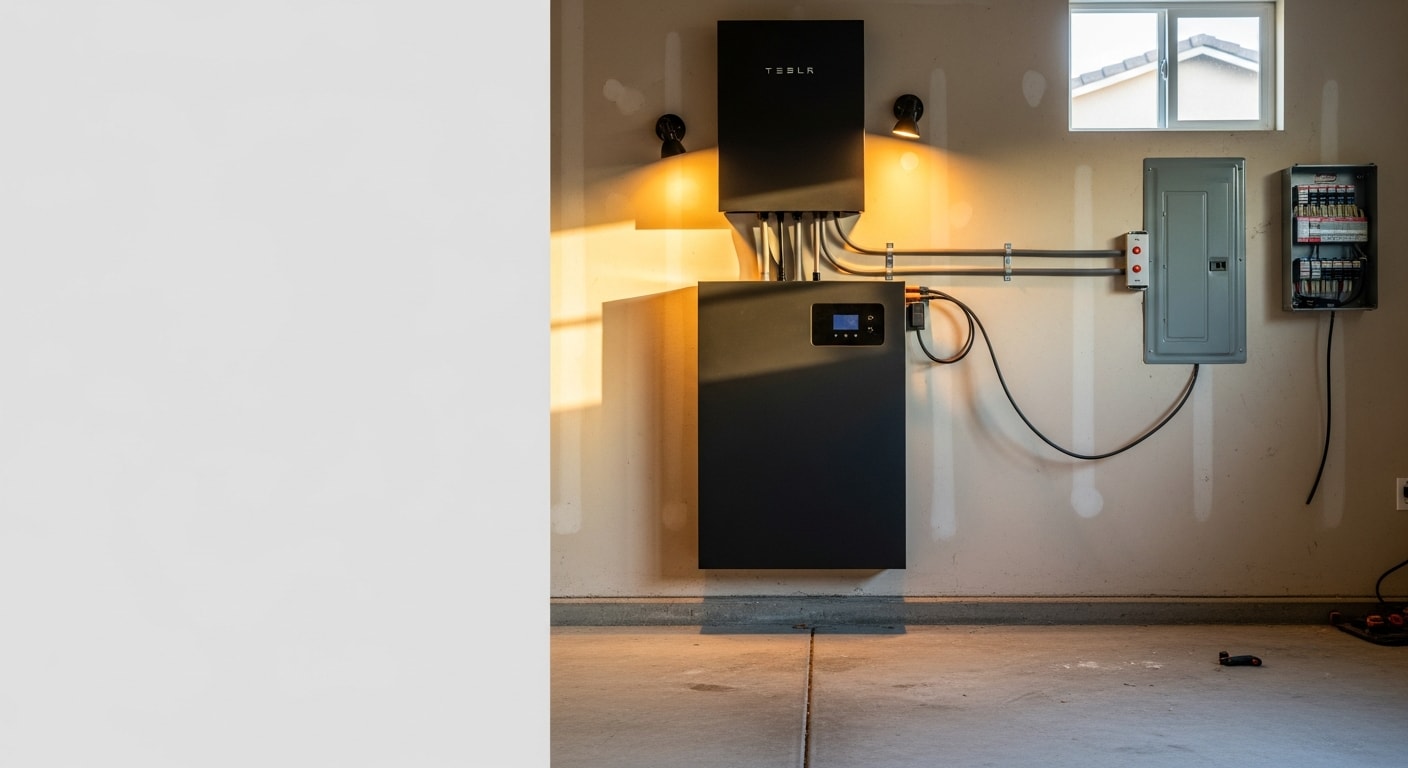 A wall-mounted home battery storage system installed in the garage of a Chino, California residential property, connected to an existing solar energy setup. The unit is flush-mounted on an interior wall with visible conduit runs leading to the main electrical panel.