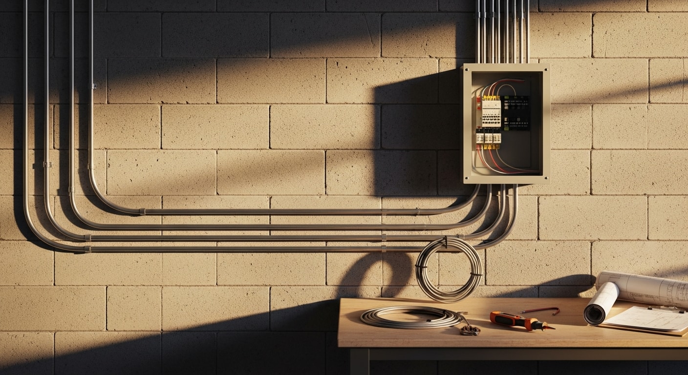 A licensed electrician from Homeland Electric Inc installing a commercial electrical panel inside a new construction building in Chino, California. Conduit runs and circuit breakers are visible in a clean, organized service room.