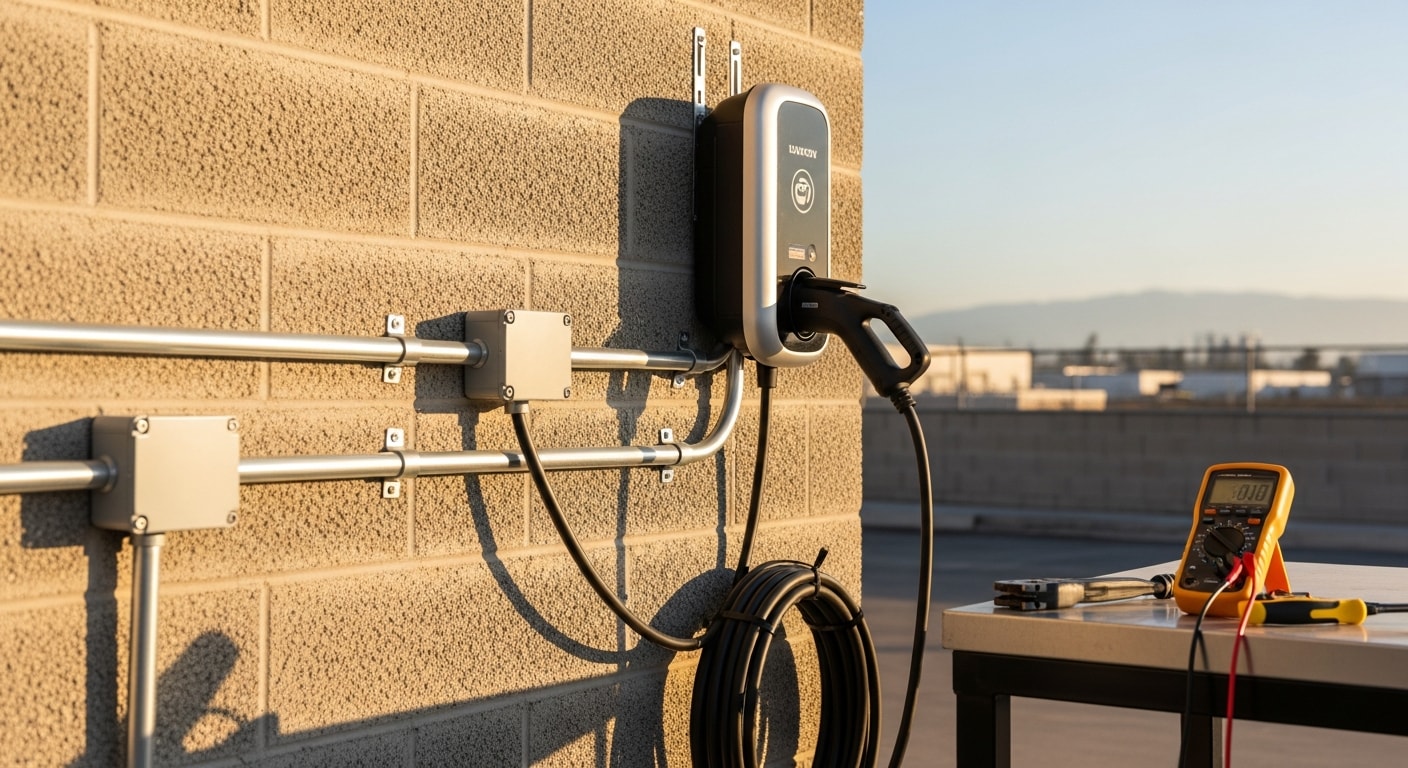 Licensed electrician mounting a commercial Level 2 EV charging station on an exterior wall of a Chino commercial building. Conduit runs are visible along the building facade with a parking lot in the foreground.
