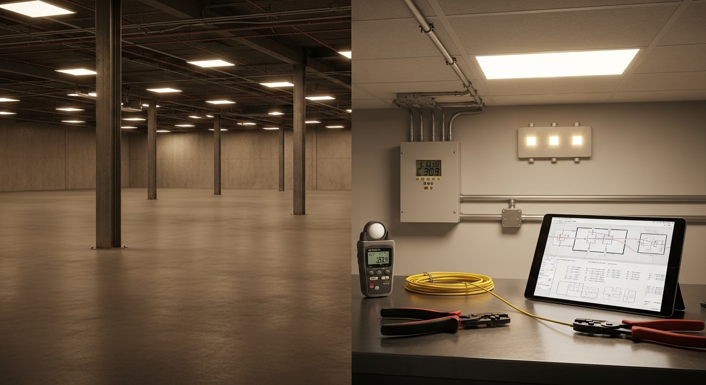 Interior of a Chino commercial warehouse with a completed LED lighting installation showing evenly spaced high-bay fixtures illuminating a wide work floor. A licensed electrician from Homeland Electric Inc reviews the finished fixture layout near the electrical panel.