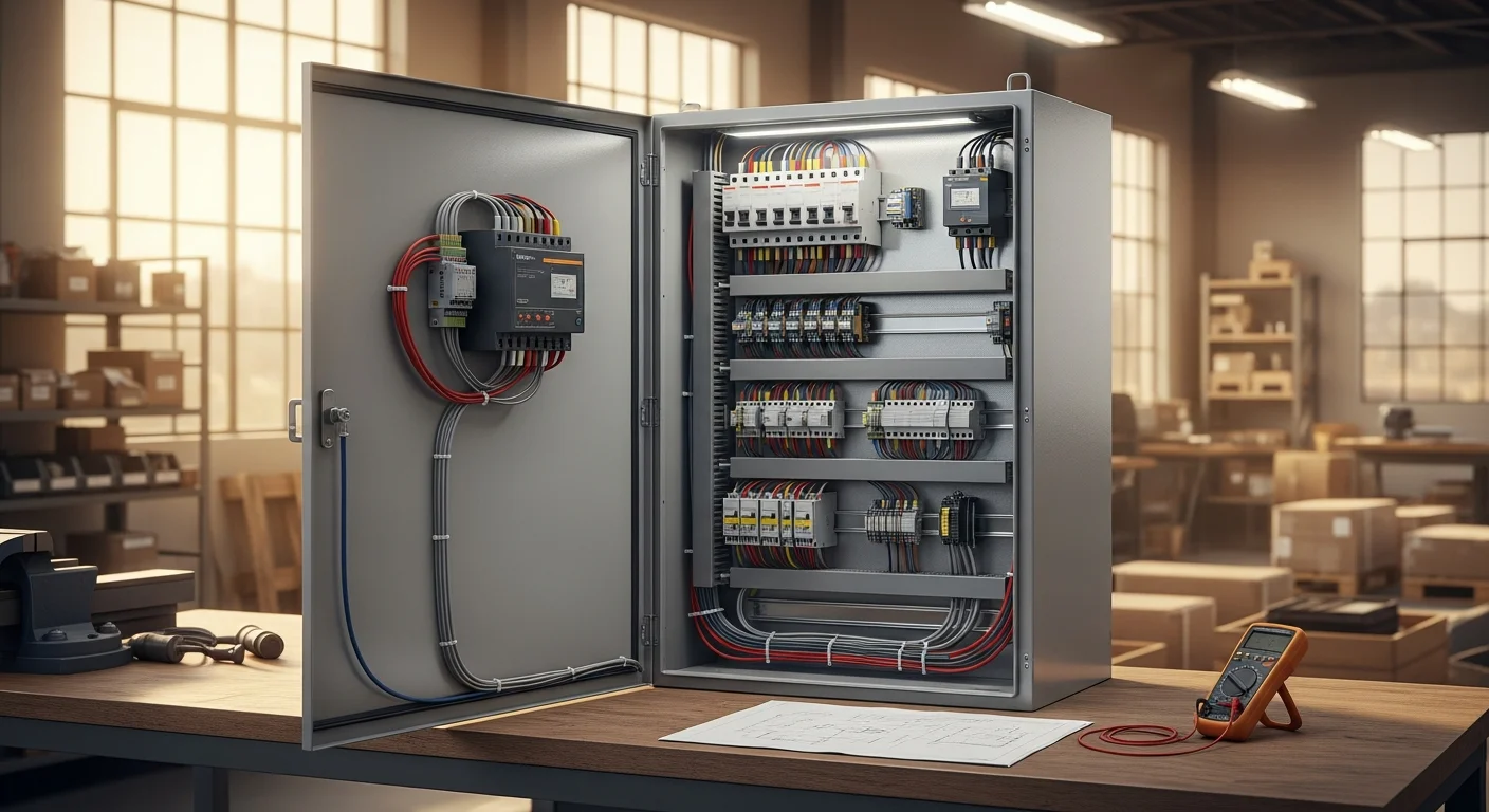 A completed custom electrical control panel fabricated by Homeland Electric Inc, mounted inside a Chino industrial facility, showing labeled circuit breakers, organized wire ducts, and a NEMA-rated enclosure.