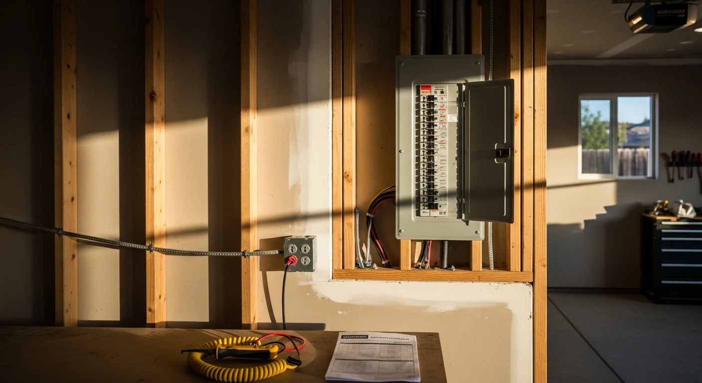 A licensed electrician from Homeland Electric Inc installing a new electrical control panel inside a Chino, CA home. The panel is mounted on an interior wall with clearly labeled circuit breakers and organized wiring.