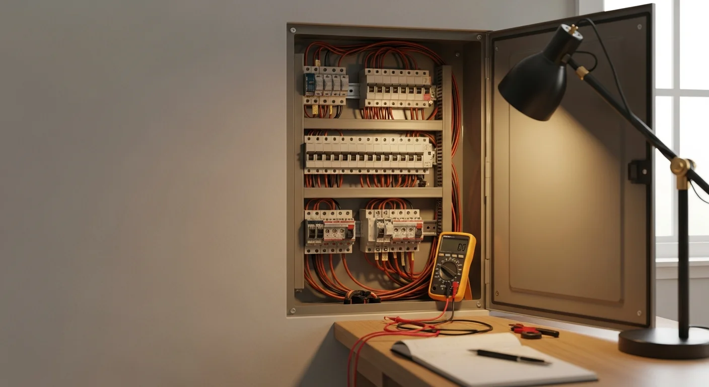A licensed electrician from Homeland Electric Inc inspecting an open residential electrical control panel at a property in Chino, California. The panel shows organized circuit breakers being tested for proper operation and safe connections.