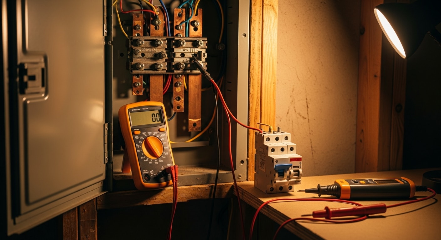 A licensed electrician from Homeland Electric Inc inspecting a residential breaker panel inside a Chino, CA home. The panel cover is open and the electrician is using a voltage tester to check individual circuit breakers.