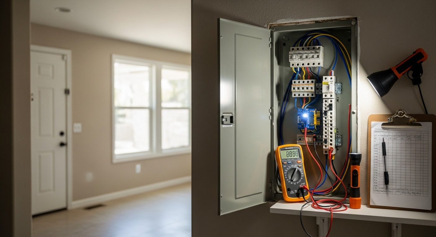 A licensed electrician from Homeland Electric Inc inspecting a residential electrical panel inside a Chino home, checking circuit breakers and wiring connections for safety and code compliance.