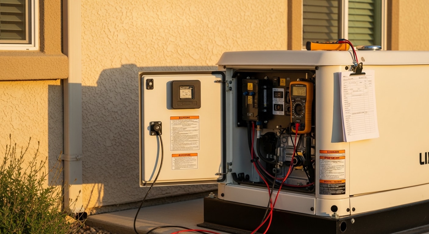 A licensed electrician from Homeland Electric Inc inspecting the electrical connections and transfer switch on a standby generator at a residential property in Chino, California. The generator unit sits on a concrete pad beside the home's exterior wall during a routine maintenance visit.