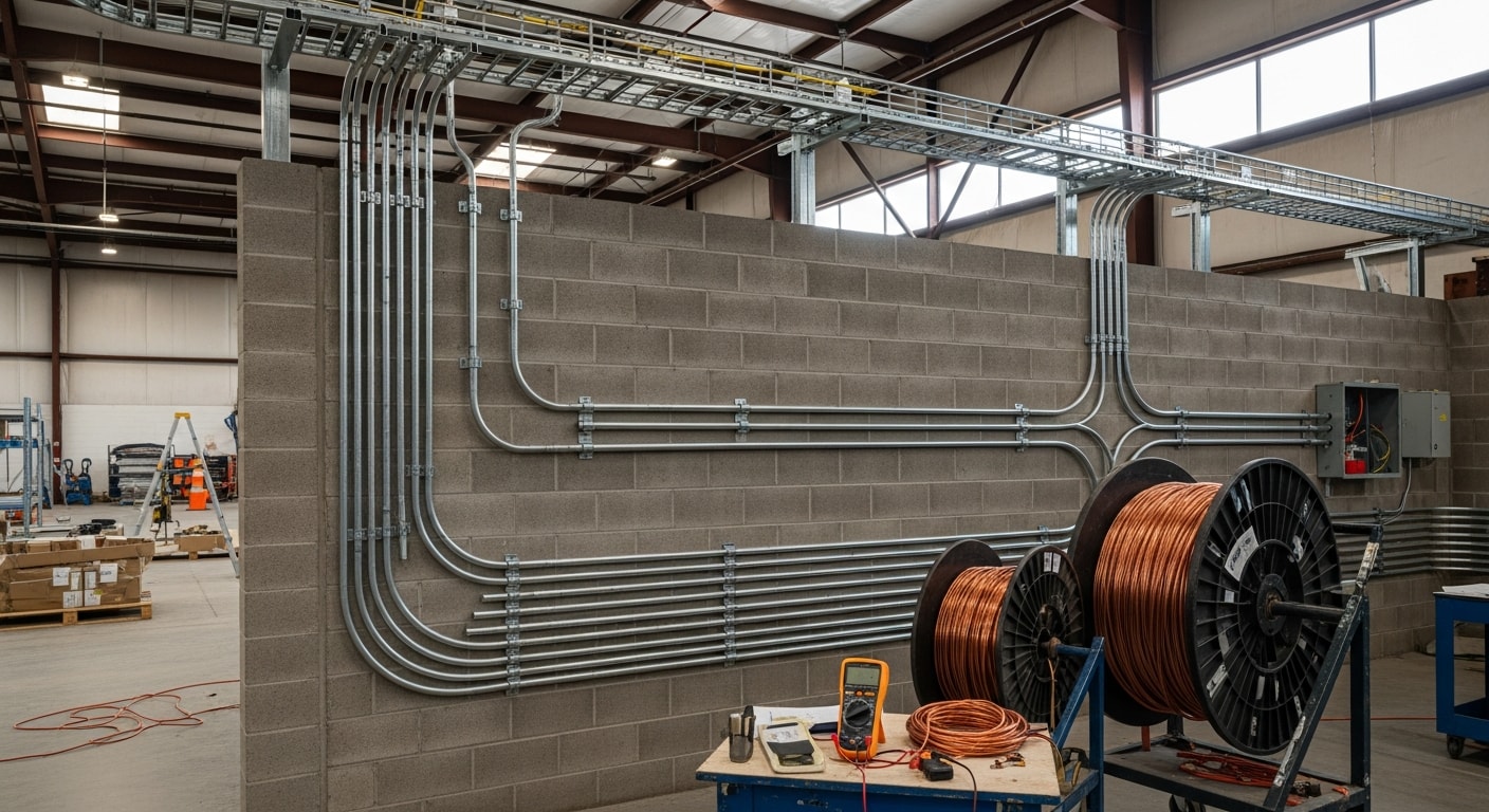 Licensed electrician installing industrial conduit and wiring inside a large warehouse facility in Chino, California. Overhead conduit runs connect to a commercial electrical panel mounted on a concrete block wall.