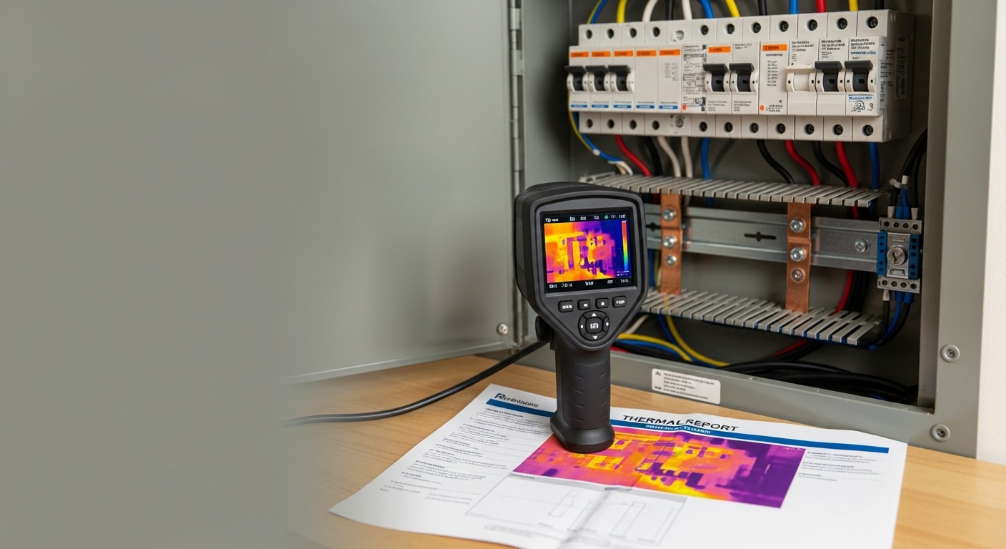 A licensed electrician from Homeland Electric Inc holding a thermal imaging camera in front of an open residential electrical panel in Chino, California. The thermal image on the camera screen shows a bright orange hot spot on a breaker connection indicating excess heat.