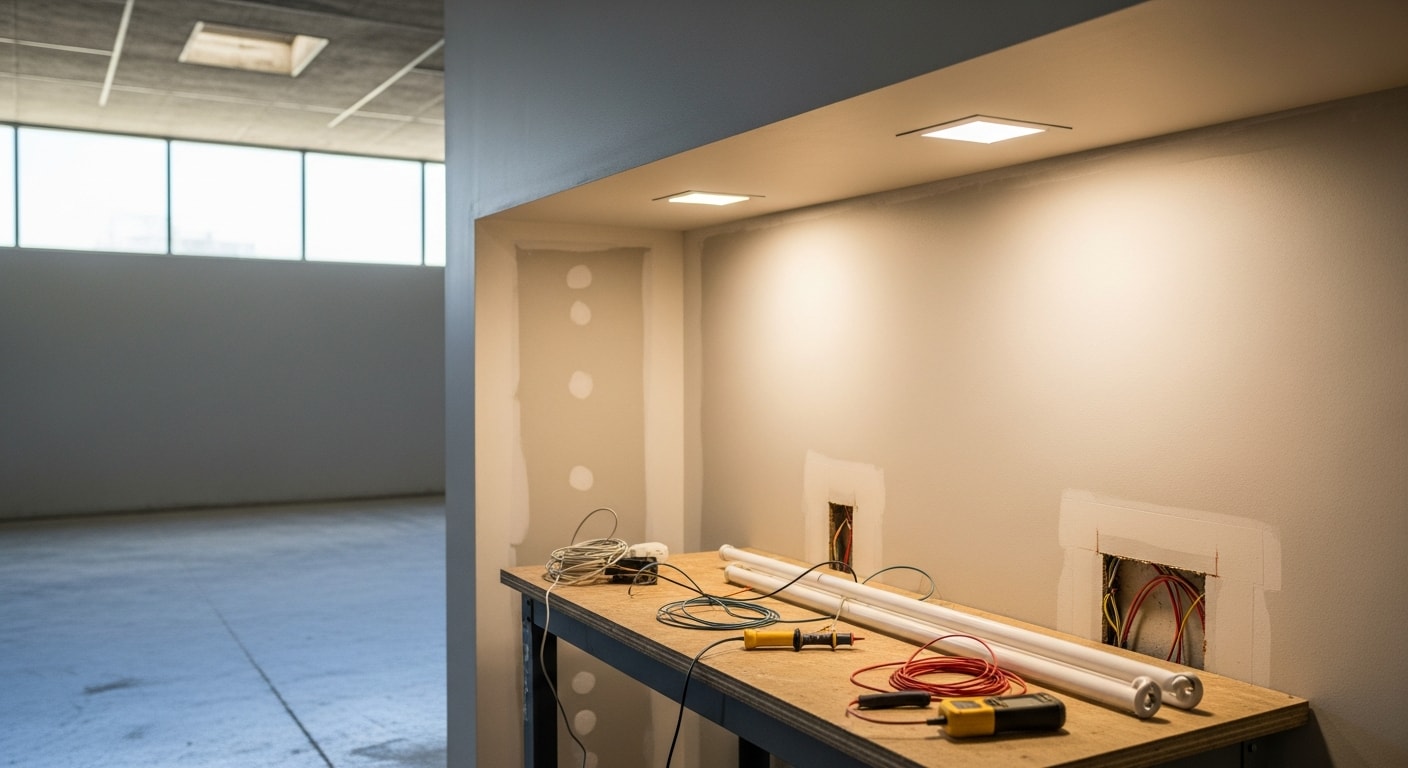 A licensed electrician from Homeland Electric Inc replacing an outdated ceiling fixture with a modern recessed light in a Chino residential kitchen. The finished installation shows even, clean lighting across the countertops and work surfaces.