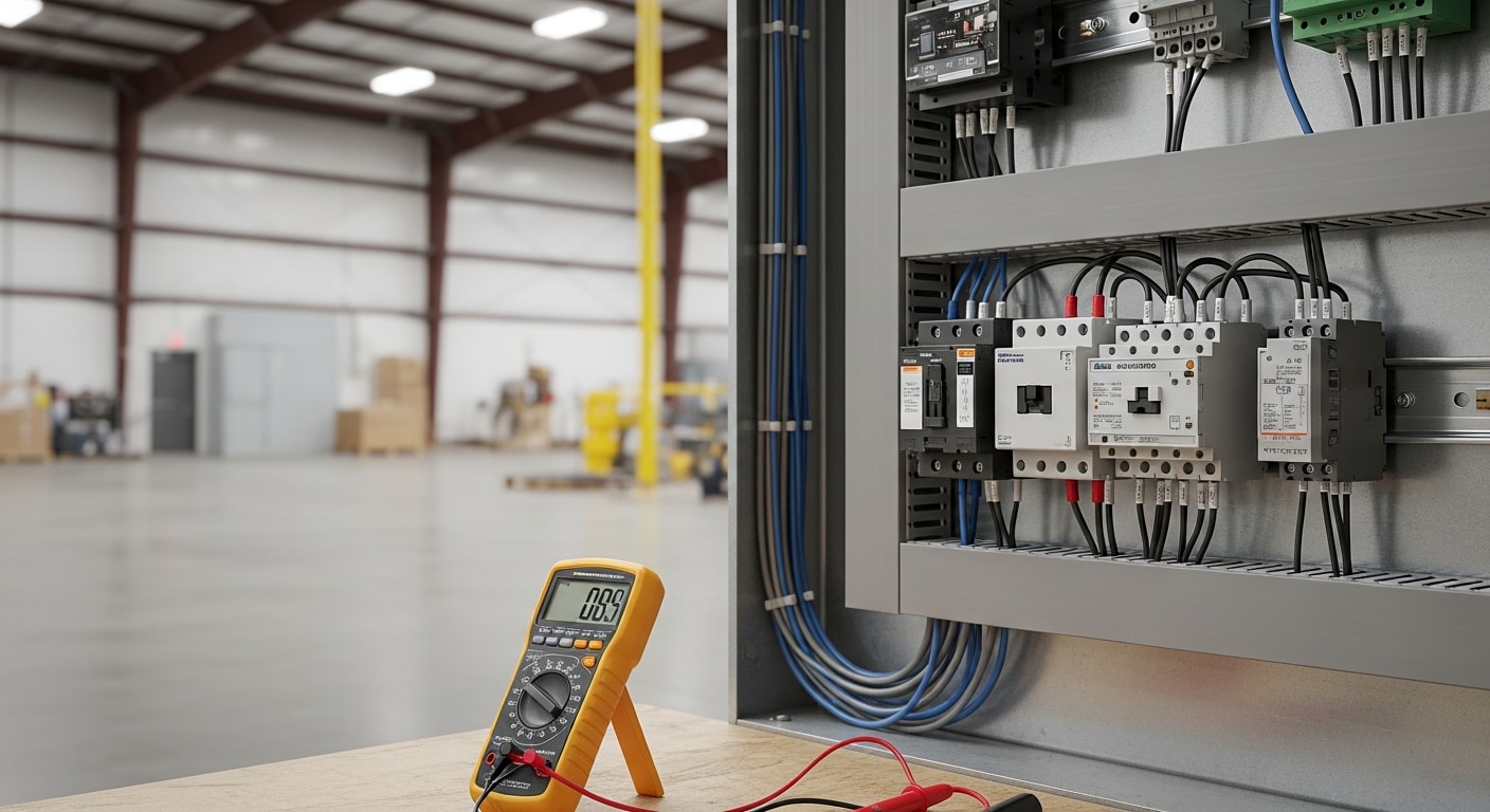 A licensed electrician from Homeland Electric Inc wiring a motor control panel with contactors and overload relays inside a commercial facility in Chino, California. The panel shows neatly routed conductors connected to labeled terminal blocks and a motor disconnect switch.