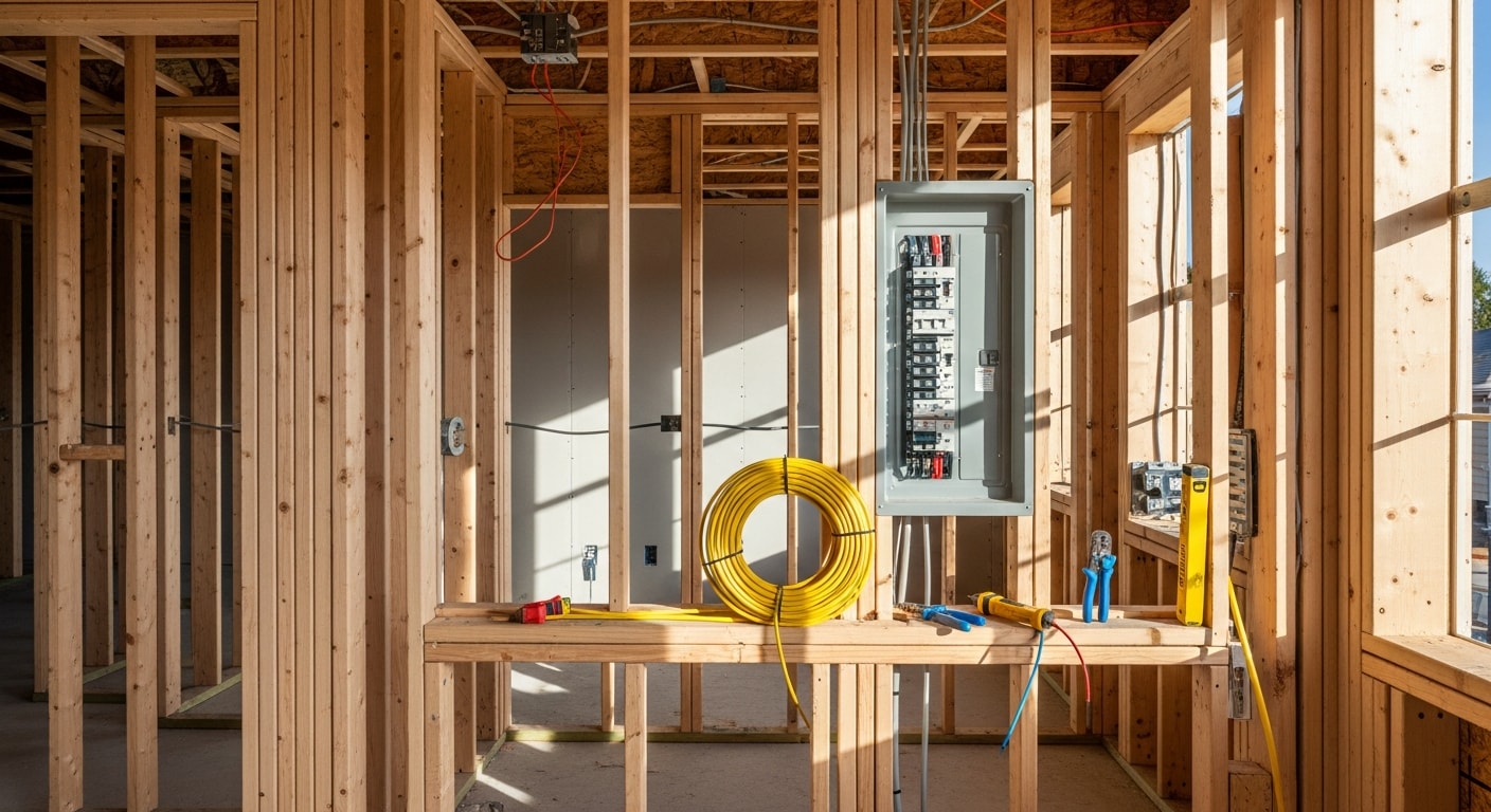 A licensed electrician from Homeland Electric Inc running branch circuit wiring through open wall studs during the rough-in phase of a new home build in Chino, California. Electrical boxes and wire runs are visible before drywall installation.