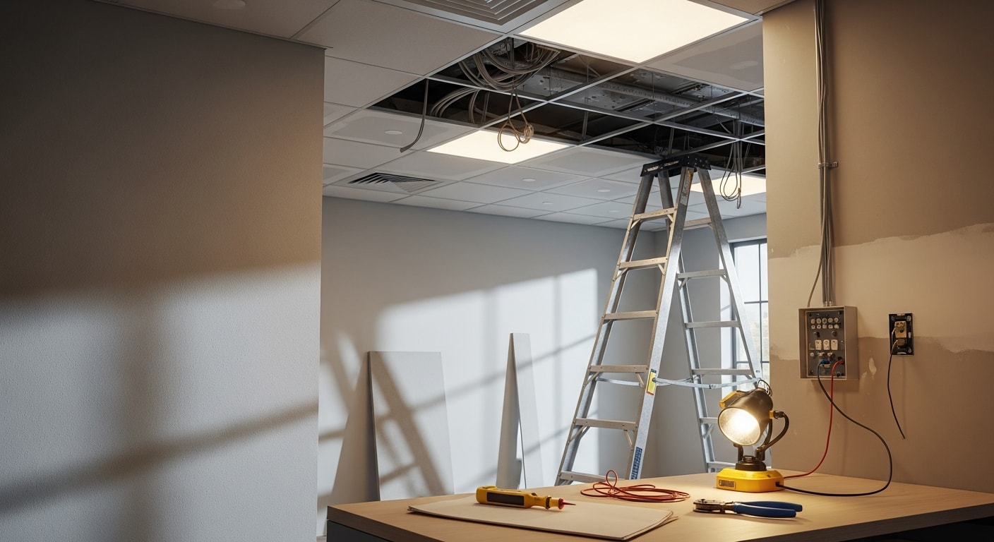 A licensed electrician from Homeland Electric Inc mounting recessed office lighting fixtures in a commercial workspace in Chino, CA. Finished overhead lights illuminate an open-plan office with clean, evenly distributed light across the work area.
