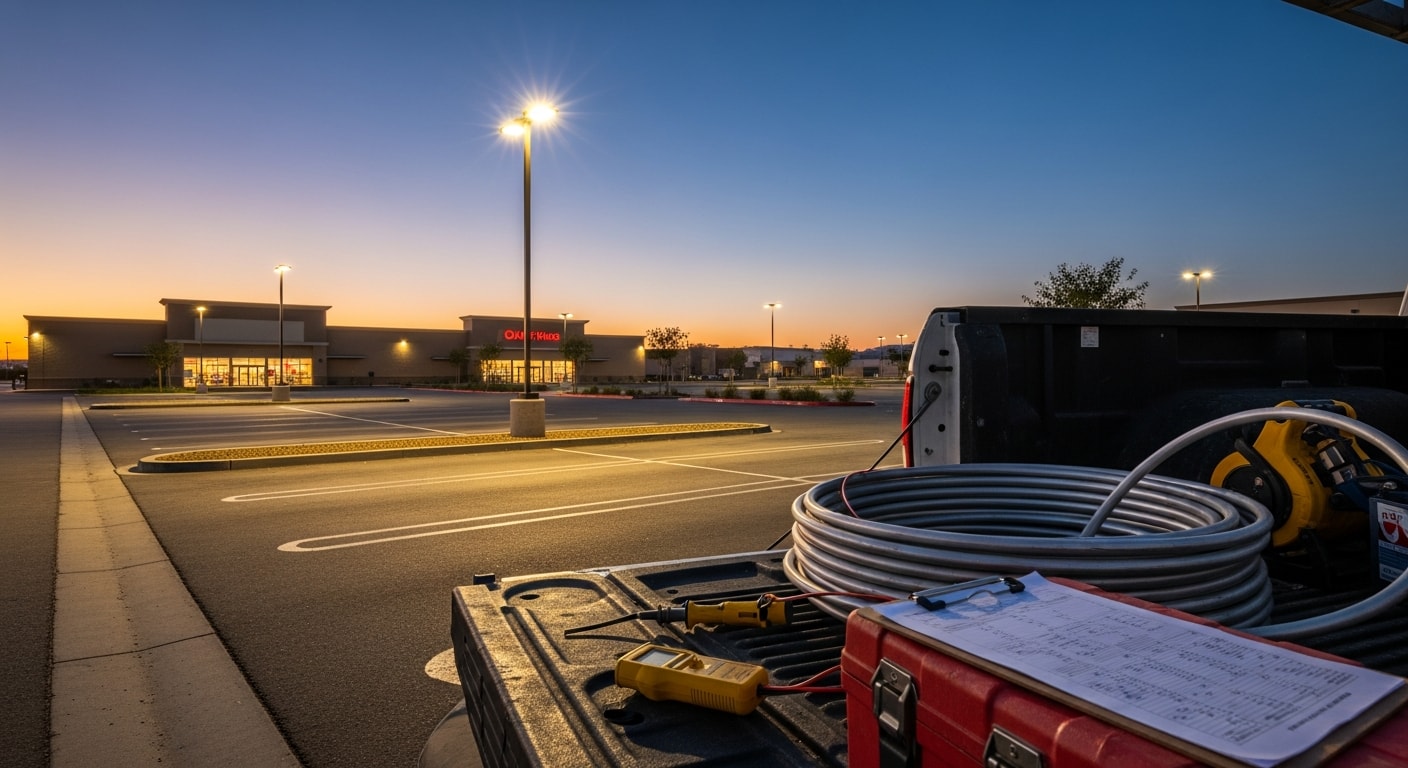 Newly installed pole-mounted parking lot lights illuminating a commercial property lot in Chino at night. Fixtures are evenly spaced across the paved surface with full downward light coverage and no visible dark spots.