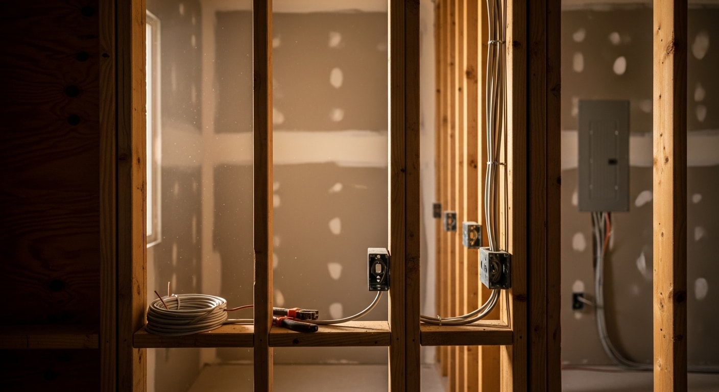 Licensed electrician running new wiring through open wall framing inside a Chino home during a kitchen remodel. Neatly routed cables connect to a new circuit panel in a mid-renovation residential interior.