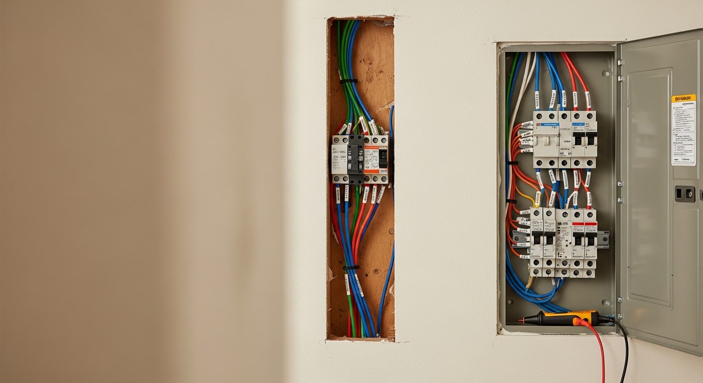 A licensed electrician from Homeland Electric Inc installing new wiring and circuit breakers in a residential electrical panel inside a Chino, California home. The panel box is open, showing neatly organized wiring runs and labeled breakers.