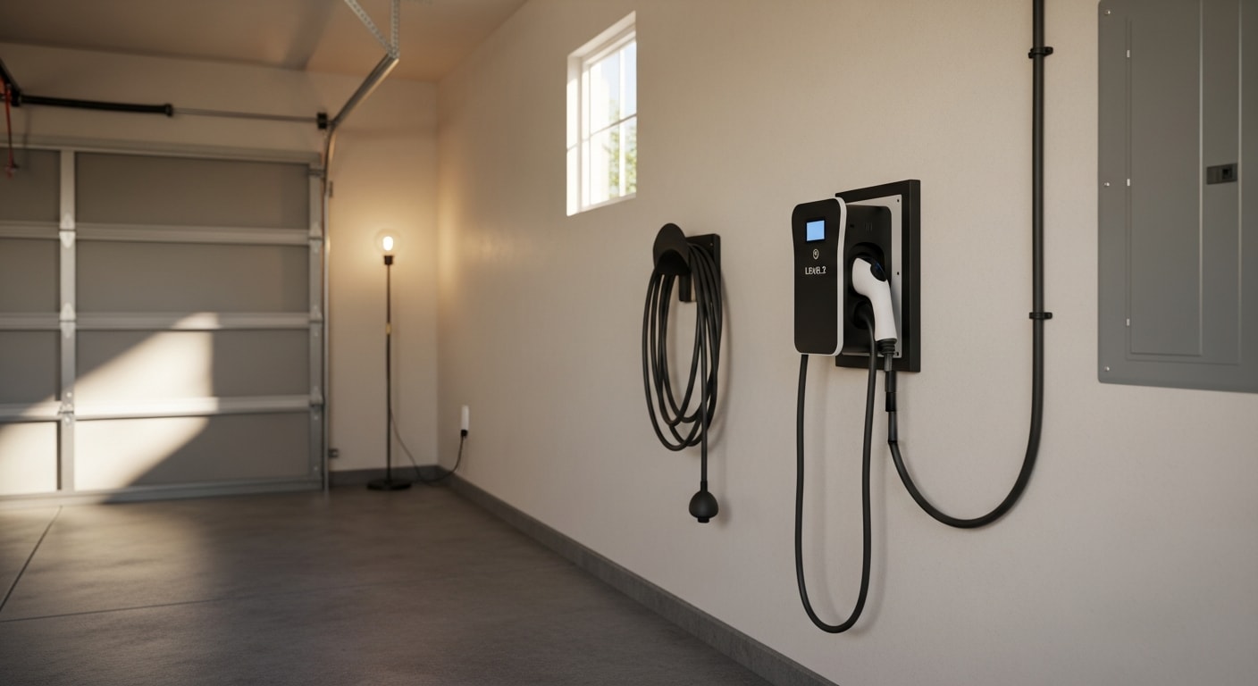 A Level 2 EV charger mounted on the interior wall of an attached garage at a single-family home in Chino, California, with a dedicated conduit run connecting to the electrical panel. A residential electric vehicle is plugged in and charging.