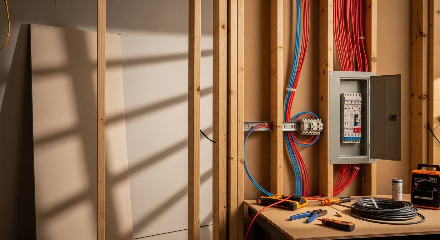 Licensed electrician installing new branch circuit wiring inside a commercial tenant improvement space in Chino, California. Exposed conduit runs along a concrete tilt-up wall in an industrial unit being prepared for a new business occupant.