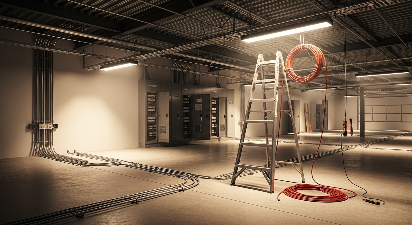 Interior of a Chino industrial warehouse with newly installed high bay lighting fixtures illuminating wide concrete floor aisles and storage racking. A licensed electrician from Homeland Electric Inc completes final wiring connections on a ceiling-mounted fixture in the background.